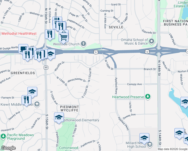 map of restaurants, bars, coffee shops, grocery stores, and more near 15116 Davenport Circle in Omaha