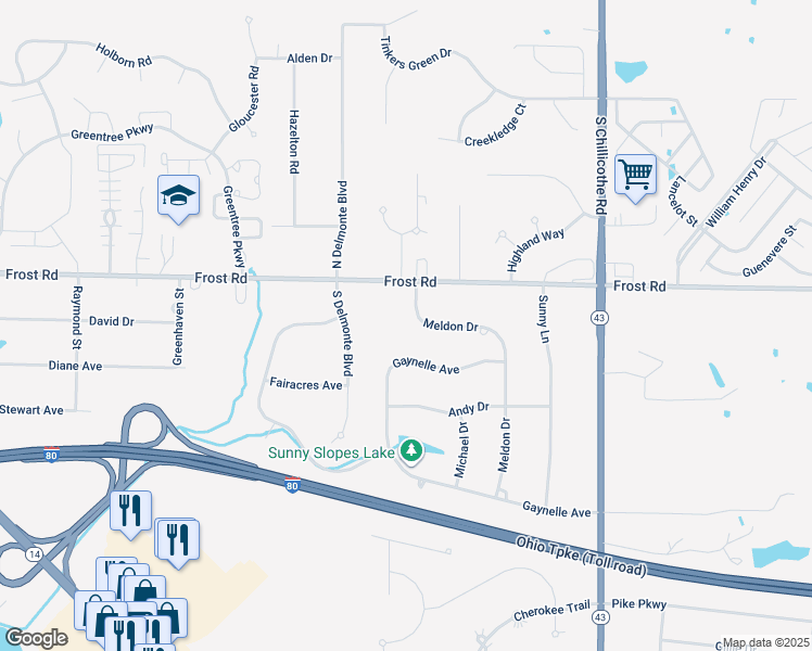 map of restaurants, bars, coffee shops, grocery stores, and more near 9958 Meldon Drive in Streetsboro
