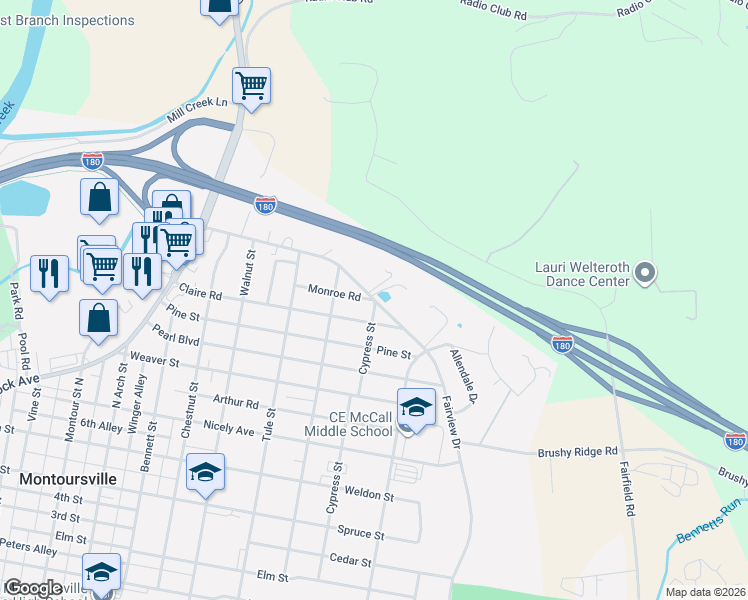 map of restaurants, bars, coffee shops, grocery stores, and more near 1301 Fairview Drive in Montoursville