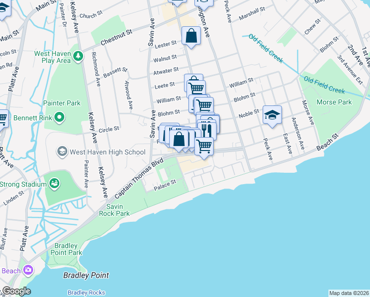map of restaurants, bars, coffee shops, grocery stores, and more near 260 Park Street in West Haven