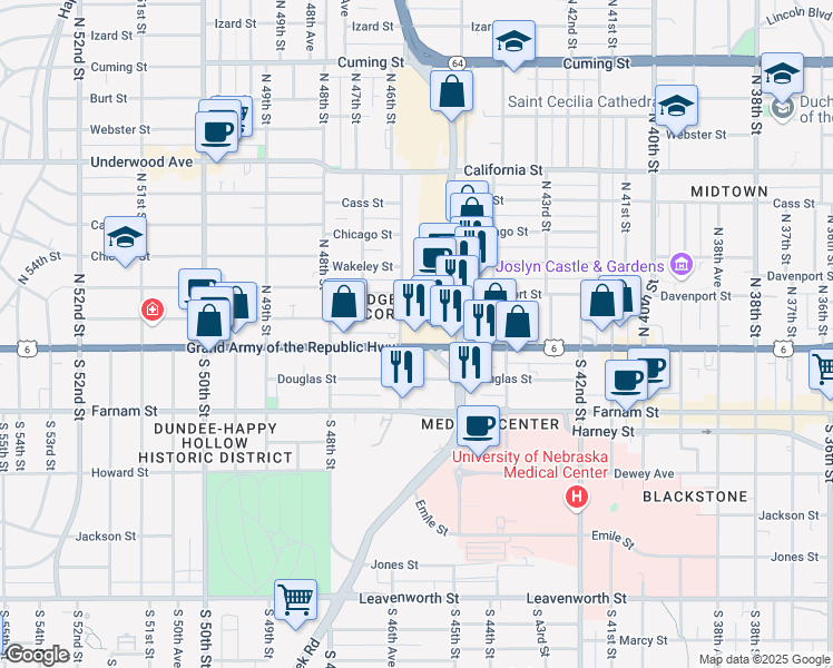 map of restaurants, bars, coffee shops, grocery stores, and more near 4524 U.S. 6 in Omaha