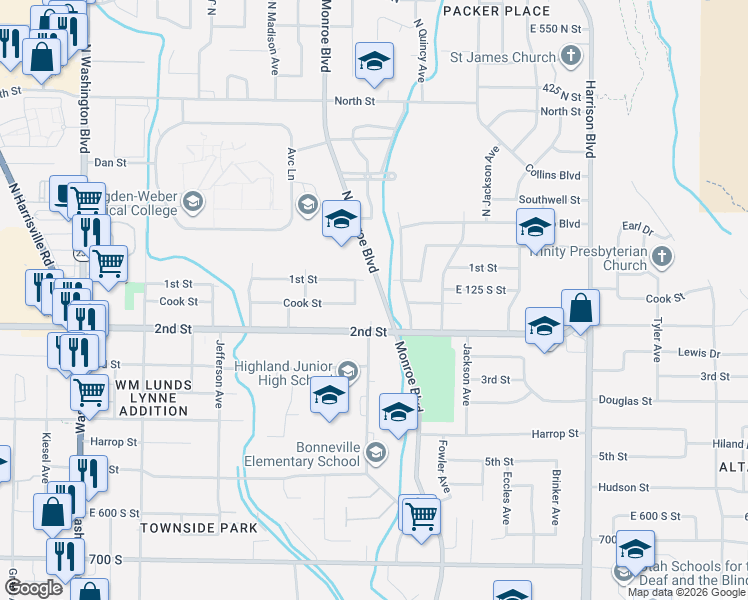map of restaurants, bars, coffee shops, grocery stores, and more near 151 Monroe Boulevard in Ogden