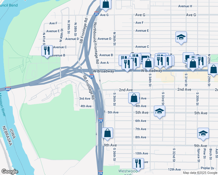 map of restaurants, bars, coffee shops, grocery stores, and more near 3612 2nd Avenue in Council Bluffs