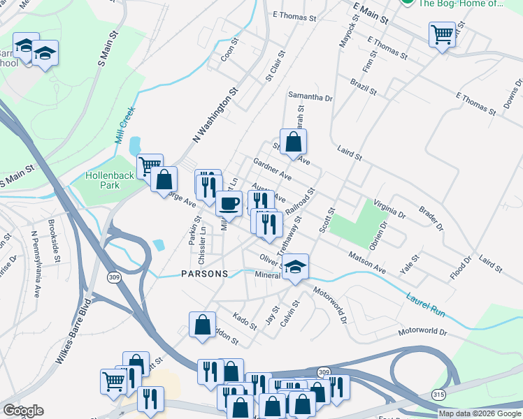 map of restaurants, bars, coffee shops, grocery stores, and more near 3rd Alley in Wilkes-Barre