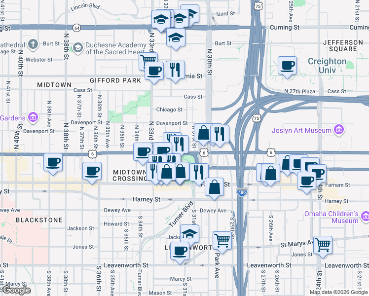 map of restaurants, bars, coffee shops, grocery stores, and more near 105 North 31st Avenue in Omaha