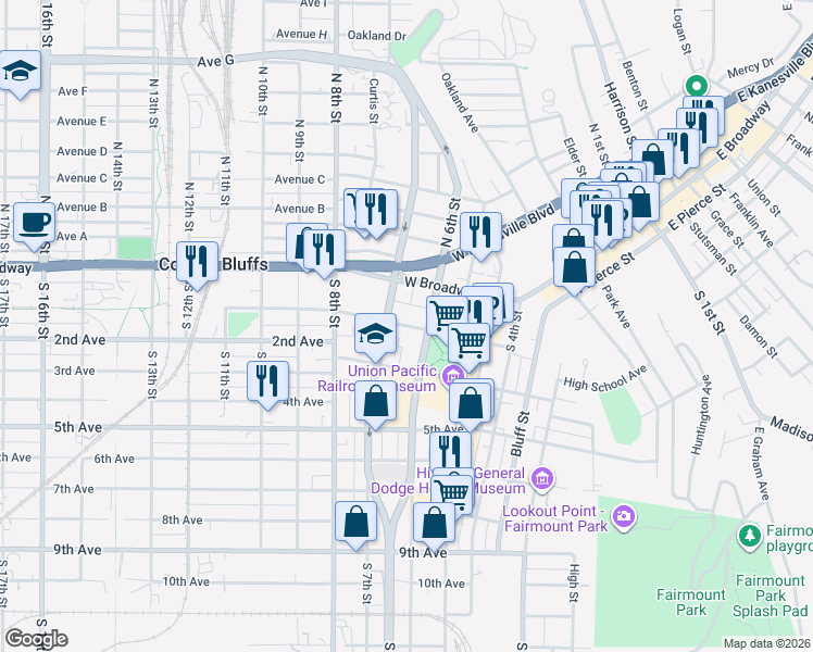 map of restaurants, bars, coffee shops, grocery stores, and more near 26 South 6th Street in Council Bluffs