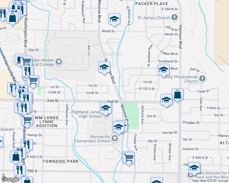 map of restaurants, bars, coffee shops, grocery stores, and more near 165 Monroe Boulevard in Ogden