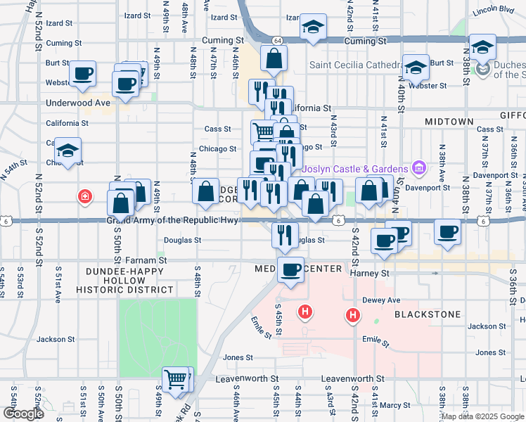 map of restaurants, bars, coffee shops, grocery stores, and more near 4524 U.S. 6 in Omaha