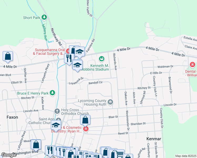 map of restaurants, bars, coffee shops, grocery stores, and more near 2101 Loyalsock Drive in Williamsport