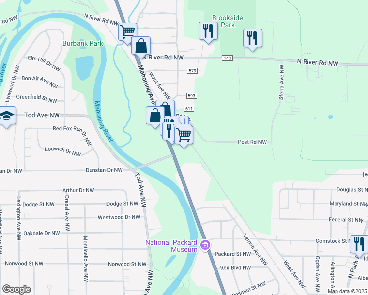 map of restaurants, bars, coffee shops, grocery stores, and more near 2700 Mahoning Avenue in Warren