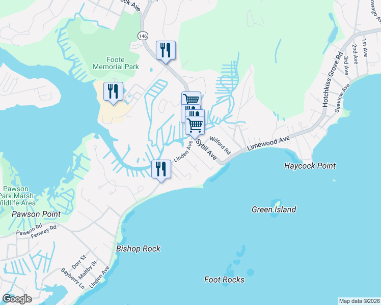 map of restaurants, bars, coffee shops, grocery stores, and more near 6-10 Linden Avenue in Branford