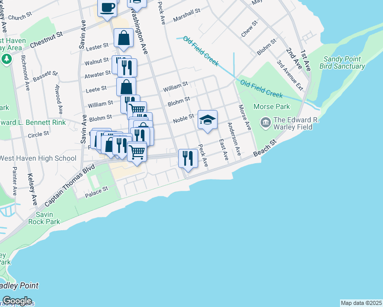 map of restaurants, bars, coffee shops, grocery stores, and more near 115 Thomas Street in West Haven