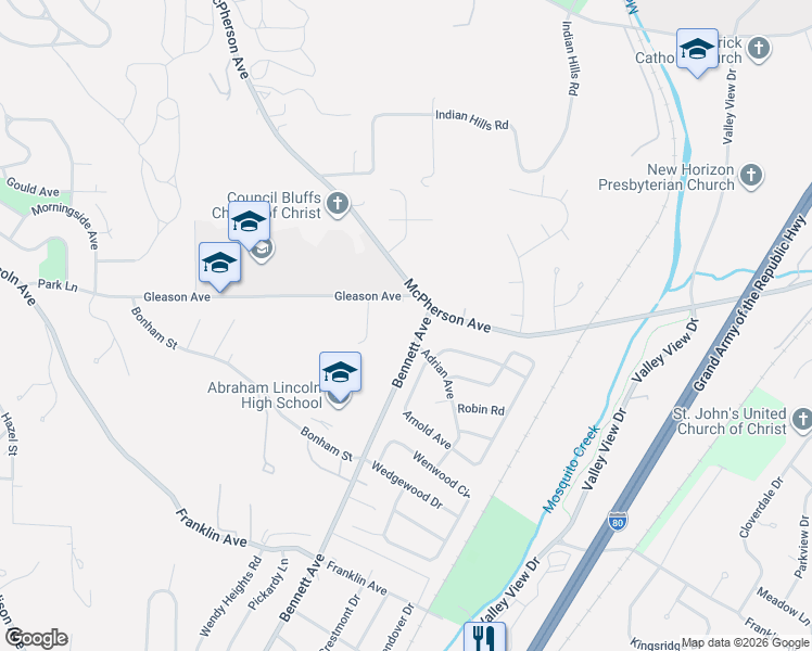 map of restaurants, bars, coffee shops, grocery stores, and more near 103 Gleason Avenue in Council Bluffs