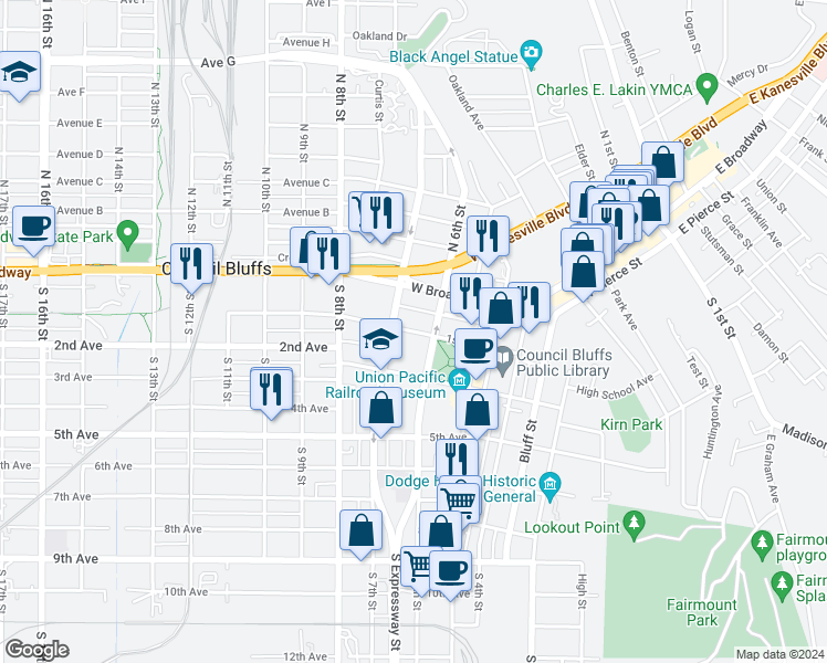 map of restaurants, bars, coffee shops, grocery stores, and more near 26 South 6th Street in Council Bluffs