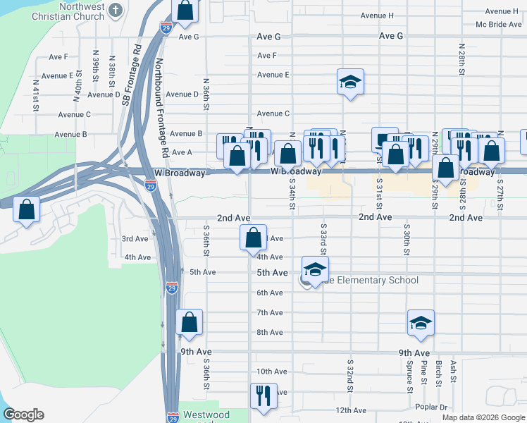 map of restaurants, bars, coffee shops, grocery stores, and more near 3426 2nd Avenue in Council Bluffs