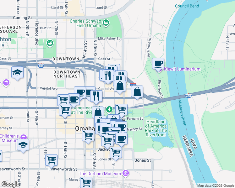 map of restaurants, bars, coffee shops, grocery stores, and more near 1003 Capitol Avenue in Omaha