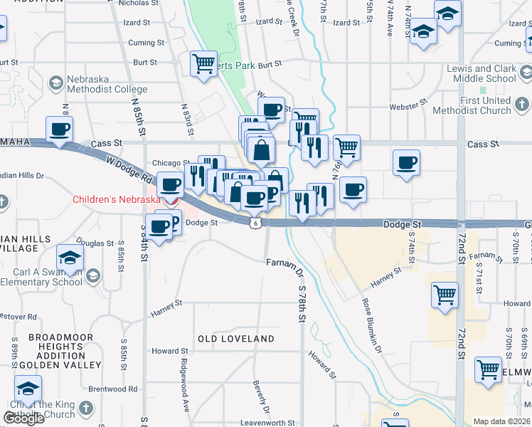 map of restaurants, bars, coffee shops, grocery stores, and more near 151 North 78th Street in Omaha