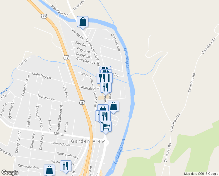 map of restaurants, bars, coffee shops, grocery stores, and more near Carmella Avenue in Williamsport