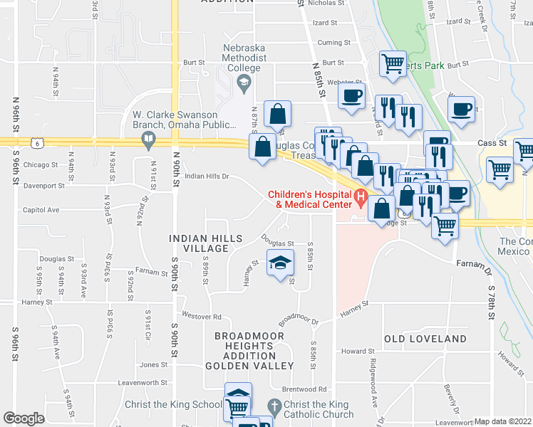 map of restaurants, bars, coffee shops, grocery stores, and more near 8572 Indian Hills Drive in Omaha