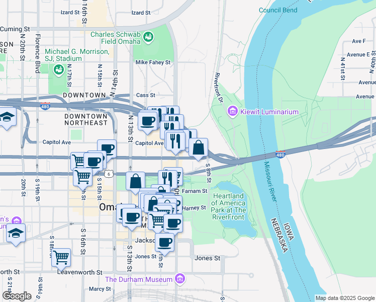 map of restaurants, bars, coffee shops, grocery stores, and more near 112 North 9th Street in Omaha
