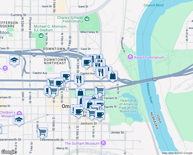 map of restaurants, bars, coffee shops, grocery stores, and more near 1024 Dodge Street in Omaha