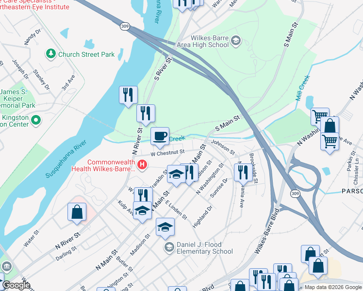 map of restaurants, bars, coffee shops, grocery stores, and more near 55 W Chestnut St in Wilkes-Barre