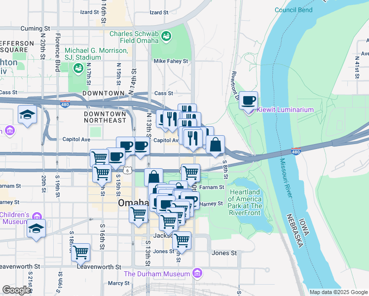 map of restaurants, bars, coffee shops, grocery stores, and more near 1024 Dodge Street in Omaha