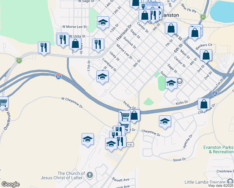 map of restaurants, bars, coffee shops, grocery stores, and more near 13 Incline Drive in Evanston