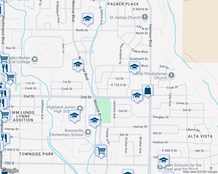 map of restaurants, bars, coffee shops, grocery stores, and more near 128 Fowler Avenue in Ogden
