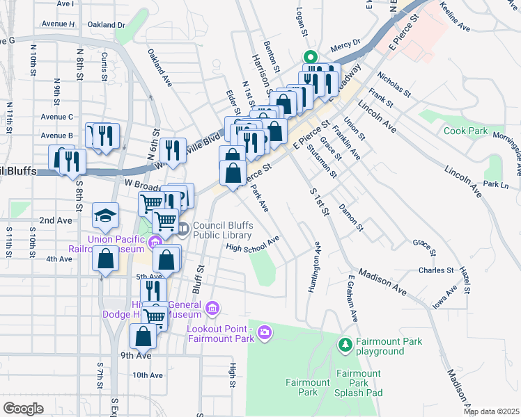 map of restaurants, bars, coffee shops, grocery stores, and more near 150 Park Avenue in Council Bluffs