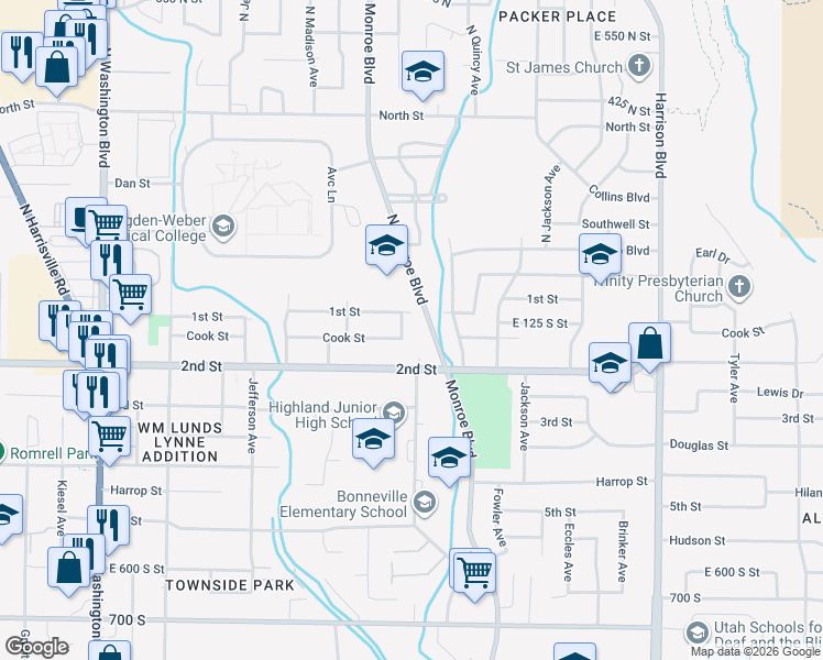 map of restaurants, bars, coffee shops, grocery stores, and more near 157 Monroe Boulevard in Ogden