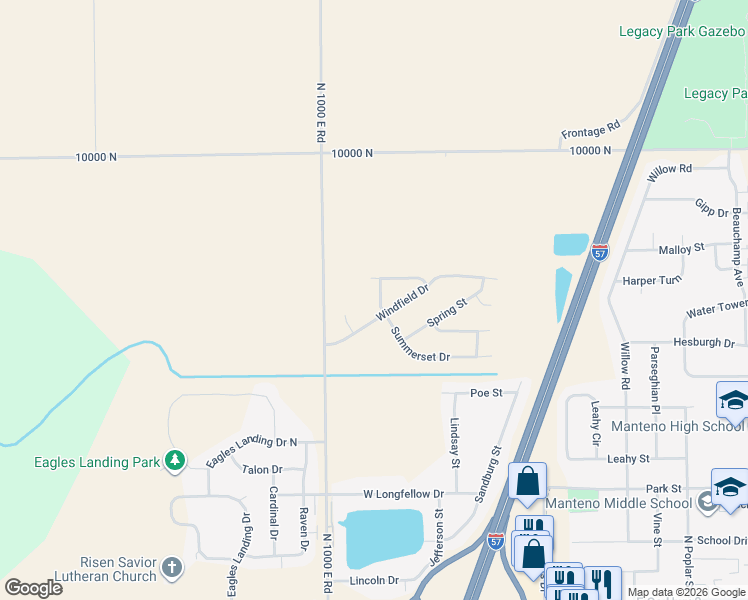 map of restaurants, bars, coffee shops, grocery stores, and more near 1077 Summerset Drive in Manteno