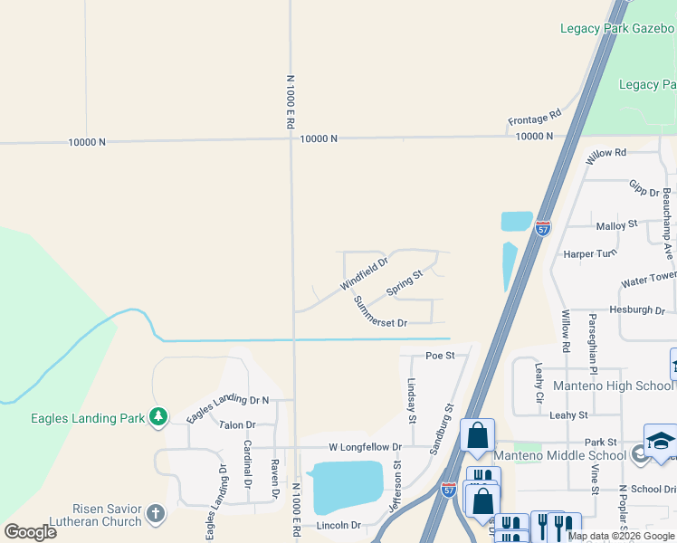map of restaurants, bars, coffee shops, grocery stores, and more near 1077 Summerset Drive in Manteno