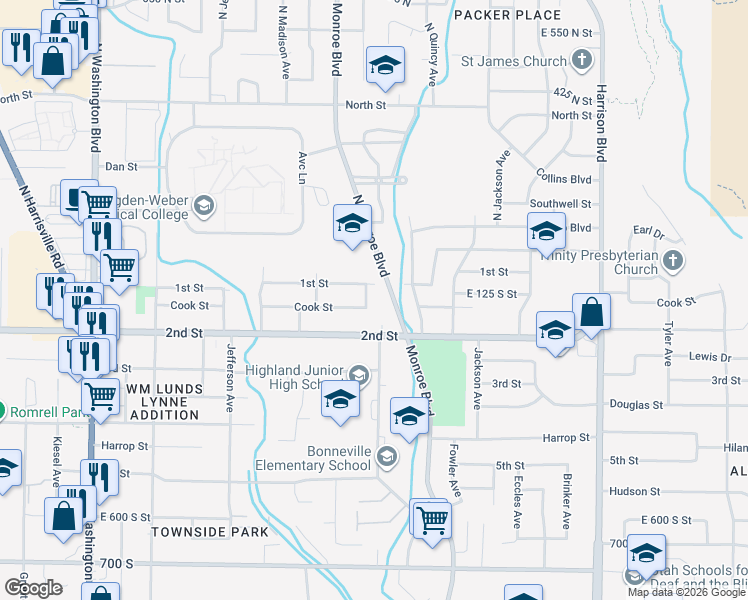 map of restaurants, bars, coffee shops, grocery stores, and more near 157 Monroe Boulevard in Ogden