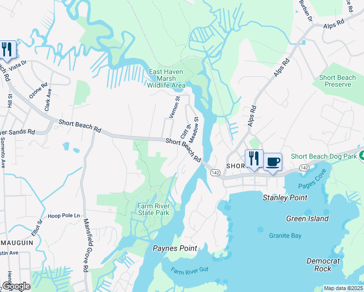 map of restaurants, bars, coffee shops, grocery stores, and more near 10 Meadow Street in East Haven