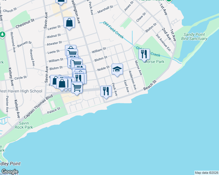 map of restaurants, bars, coffee shops, grocery stores, and more near 115 Thomas Street in West Haven