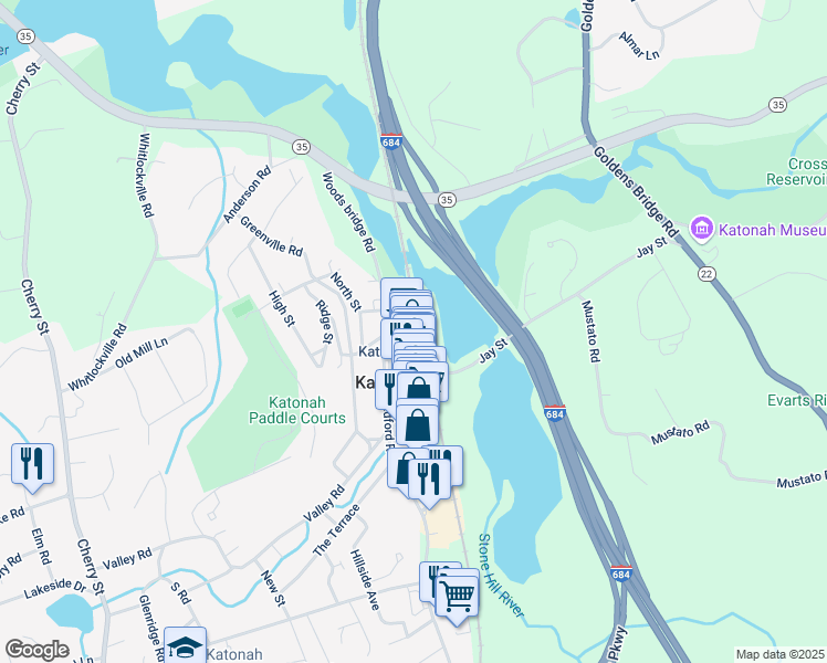 map of restaurants, bars, coffee shops, grocery stores, and more near 13 Edgemont Road in Katonah