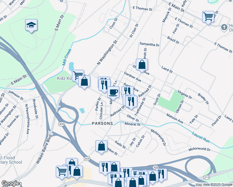 map of restaurants, bars, coffee shops, grocery stores, and more near 120-130 Matson Avenue in Wilkes-Barre