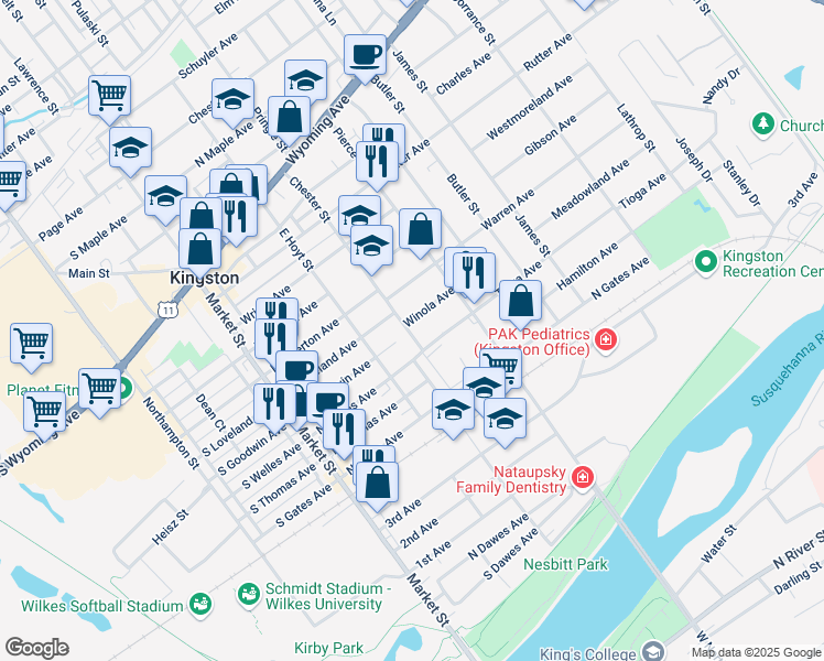 map of restaurants, bars, coffee shops, grocery stores, and more near 101-199 N Loveland Ave in Kingston