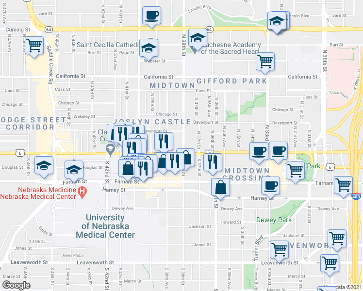 map of restaurants, bars, coffee shops, grocery stores, and more near 124 North 38th Street in Omaha