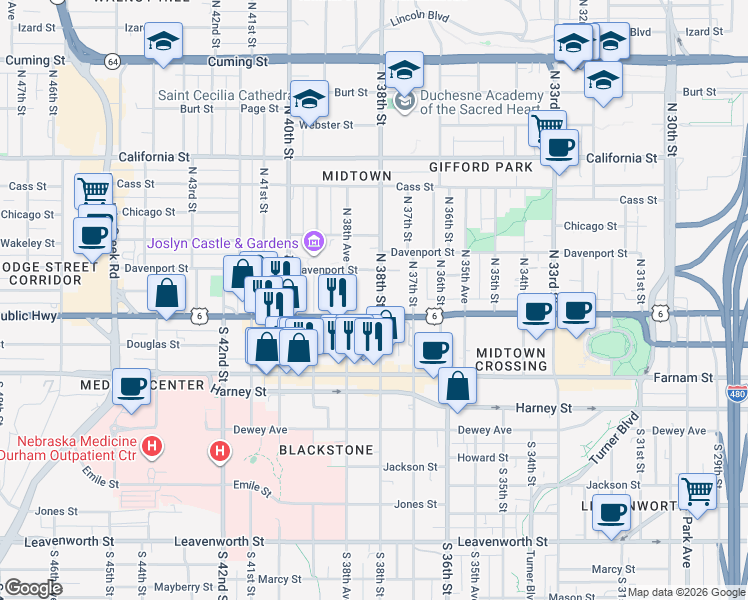 map of restaurants, bars, coffee shops, grocery stores, and more near 123 North 38th Avenue in Omaha