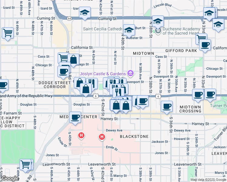 map of restaurants, bars, coffee shops, grocery stores, and more near 123 North 41st Street in Omaha