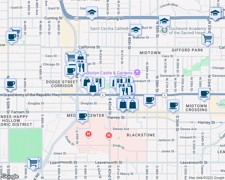 map of restaurants, bars, coffee shops, grocery stores, and more near 124 North 42nd Street in Omaha