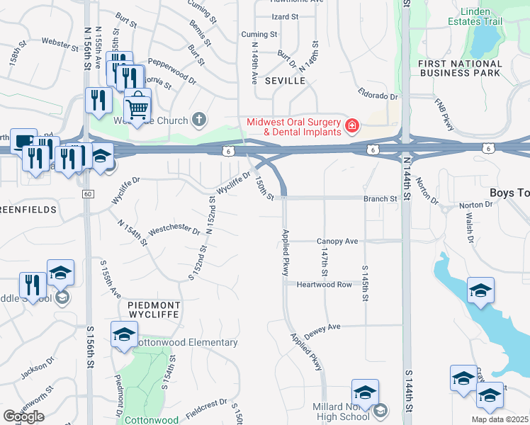 map of restaurants, bars, coffee shops, grocery stores, and more near 15006 Davenport Circle in Omaha