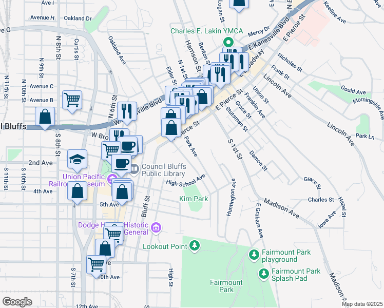 map of restaurants, bars, coffee shops, grocery stores, and more near 150 Park Avenue in Council Bluffs
