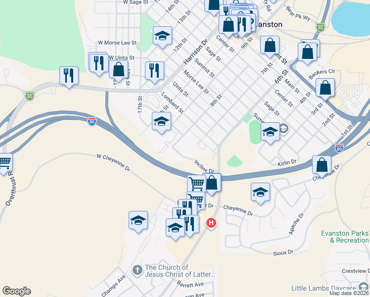 map of restaurants, bars, coffee shops, grocery stores, and more near 13 Incline Drive in Evanston