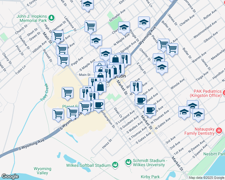 map of restaurants, bars, coffee shops, grocery stores, and more near 588 Market Street in Kingston