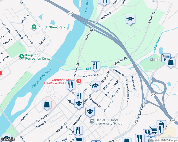 map of restaurants, bars, coffee shops, grocery stores, and more near 18 Juniper St in Wilkes-Barre