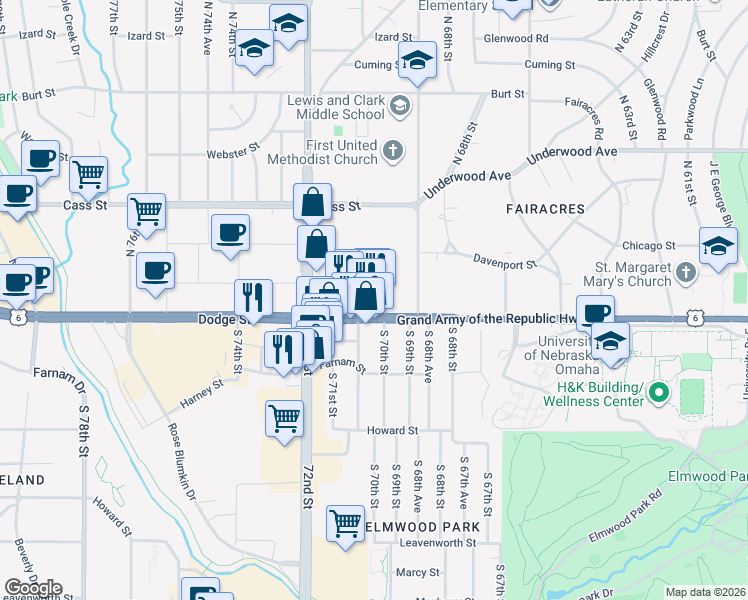 map of restaurants, bars, coffee shops, grocery stores, and more near 7010 Dodge Street in Omaha