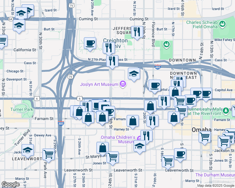 map of restaurants, bars, coffee shops, grocery stores, and more near 2200 Dodge Street in Omaha